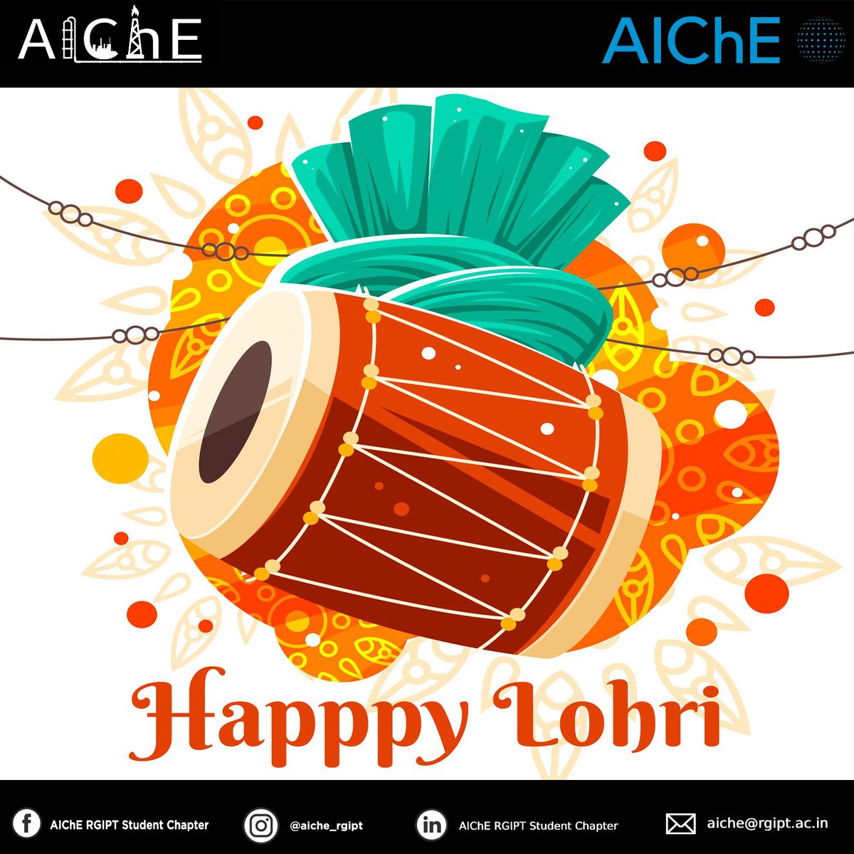AIChE_RGIPT's tweet photo. Lohri is a festival of joy, contentment, and warmth during the cold breeze of winter. May this Lohri burn all the hurdles and demons in our life!
Team AIChE RGIPT wishes you a very warm Lohri!
#festival  #culture #tradition #joy #happiness #unity #pride  #india #AlChE  #RGIPT . https://t.co/rkbb6K2fmK