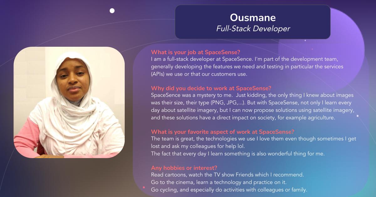 SpaceSense (@spacesenseai) on Twitter photo In today's edition of the SpaceSense team, meet Ousmane! She is doing a software development apprenticeship at SpaceSense and supports the software team with her skills.
@Sami__Yacoubi <a href="/BudidetiJyotsna/">Jyotsna Budideti</a> In today's edition of the SpaceSense team, meet Ousmane! She is doing a software development apprenticeship at SpaceSense and supports the software team with her skills.
@Sami__Yacoubi <a href="/BudidetiJyotsna/">Jyotsna Budideti</a>
