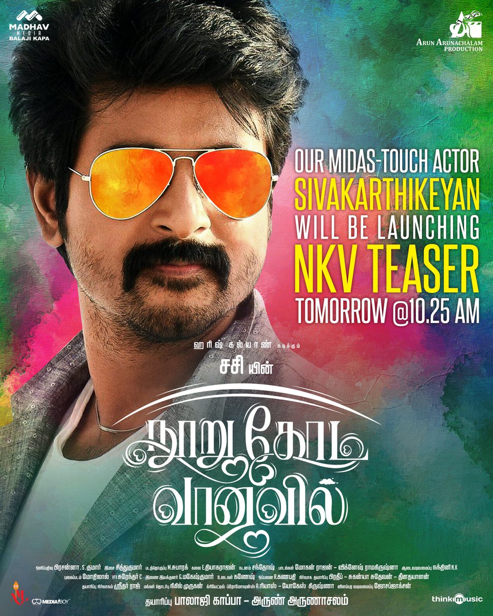 Our Midas-touch actor <a href="/Siva_Kartikeyan/">Sivakarthikeyan</a> to release #DirectorSASI 's #NooruKodiVaanavil teaser tomo @ 10:25am 
An Intense Love tale
<a href="/iamharishkalyan/">Harish Kalyan</a> <a href="/SiddhiIdnani/">Siddhi Idnani</a>
<a href="/madhavmedia/">Madhav Media</a> <a href="/_AAProduction/">ARUN ARUNACHALAM PRODUCTION</a> <a href="/AA_ARUNPRAKASH/">Arun Arunachalam</a> 
#BalajiKapa <a href="/prasannadop/">Prasanna s kumar</a> <a href="/Music_Siddhu/">Siddhu Kumar</a> <a href="/thinkmusicindia/">Think Music</a> <a href="/onlynikil/">Nikil Murukan</a> @CtcMed