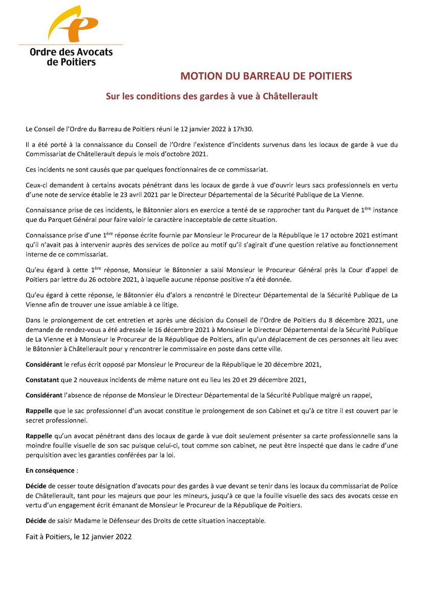 Arrêt immédiat des désignations par le Bâtonnier dans le cadre des gardes à vue au commissariat de #Châtellerault