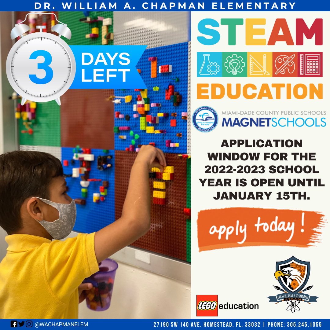 wachapmanelem's tweet image. Only 3 days left! Have you submitted your @miamimagnets programs application? Visit yourchoicemiami.org and build on your interests, talents, and abilities through our STEAM Magnet Program. 
#YourChoiceMiami #mdcps @MDCPSSouth #miamisup #southregion #dreambig #srostrong #dwac