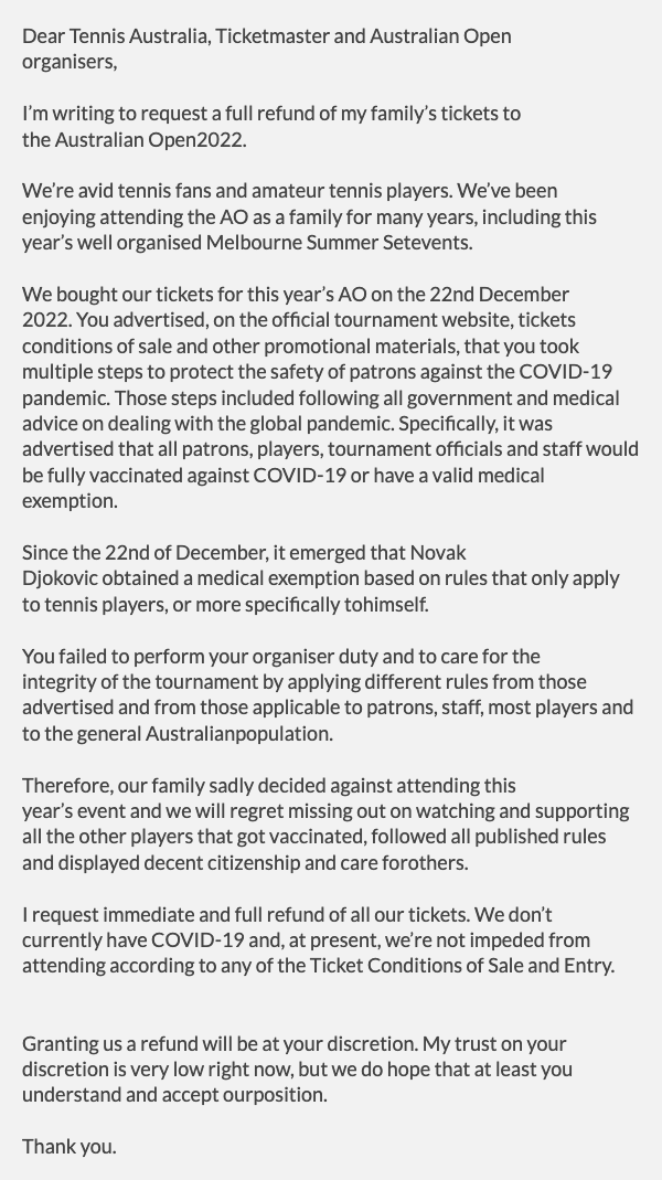 nandotinoco_'s tweet photo. @AustralianOpen @TennisAustralia @Ticketmaster Please refund my #AusOpen tickets. You've failed to perform your organiser duty and to care for the integrity of the tournament. #DjokovicOut #auspol https://t.co/8M62G1u4iZ