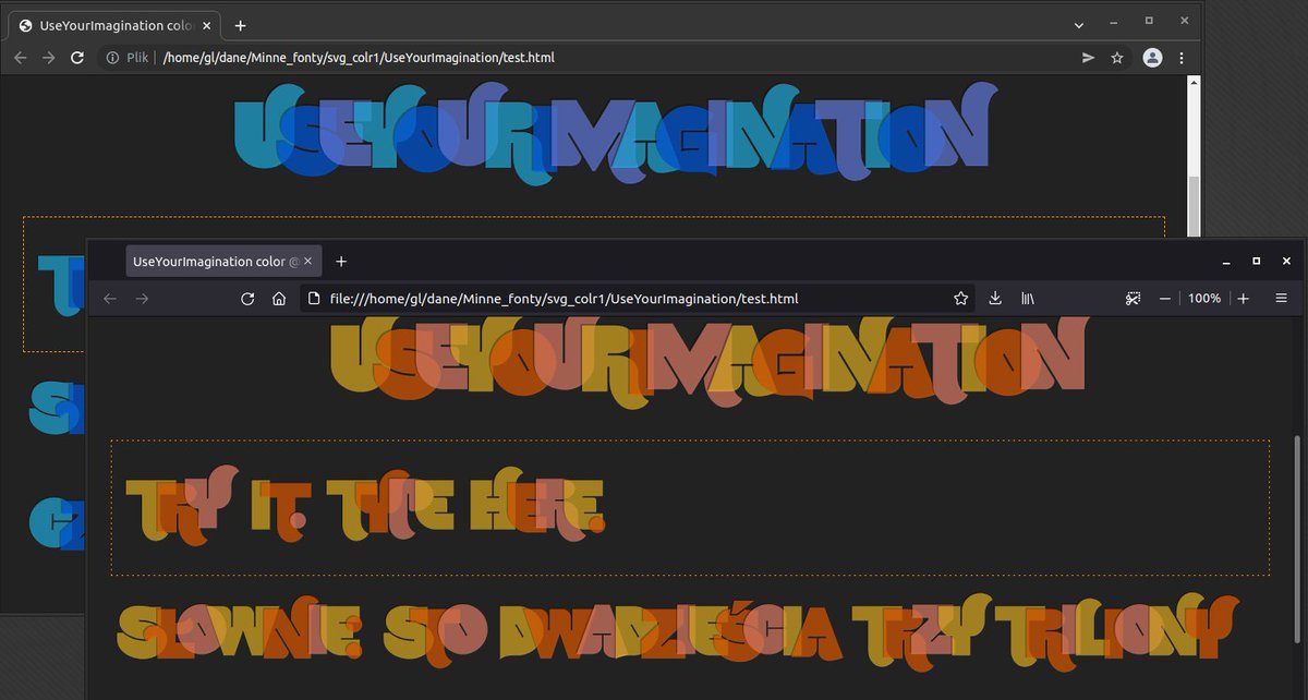 glukfonts's tweet photo. why not #OpenTypeSVG and #COLRv1 in one WOFF?
first try with UseYourImagination font:
https://t.co/ieSvhr8Arz
in #chrome in blue, in #firefox in red variant
#typography #colorfonts https://t.co/5VkWXKMFid
