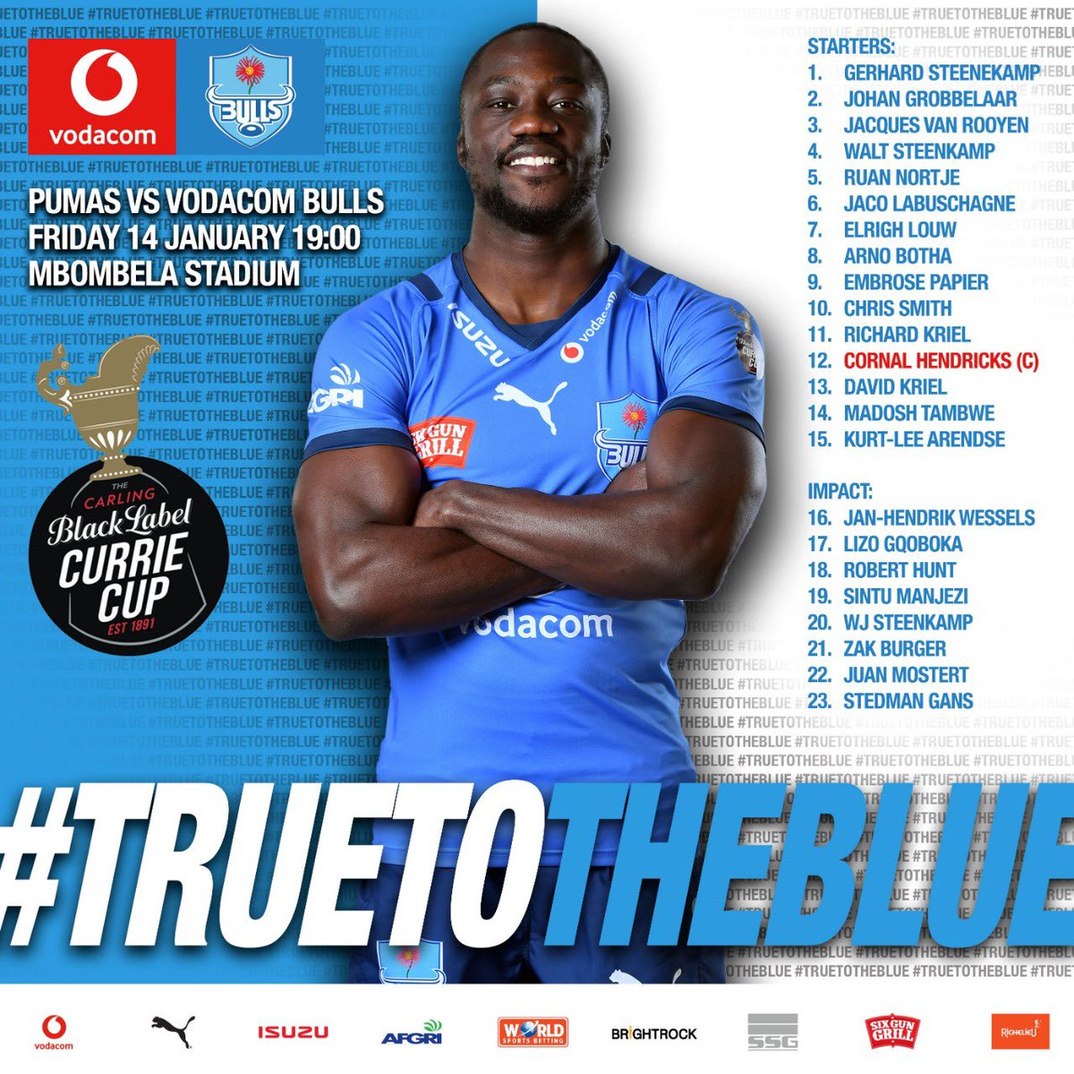 Here is your Vodacom Bulls team for our first game of 2022 💪🔥

Comment with your score prediction below 👇 

#TrueToTheBlue