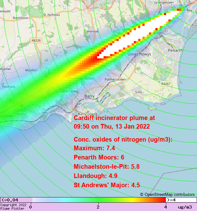plumeplotter's tweet photo. Latest Cardiff incinerator plume plot, 09:50 13/01/22 #PenarthMoors #MichaelstonlePit #Llandough https://t.co/HI9XmVnbT1 https://t.co/LUxehvDW57