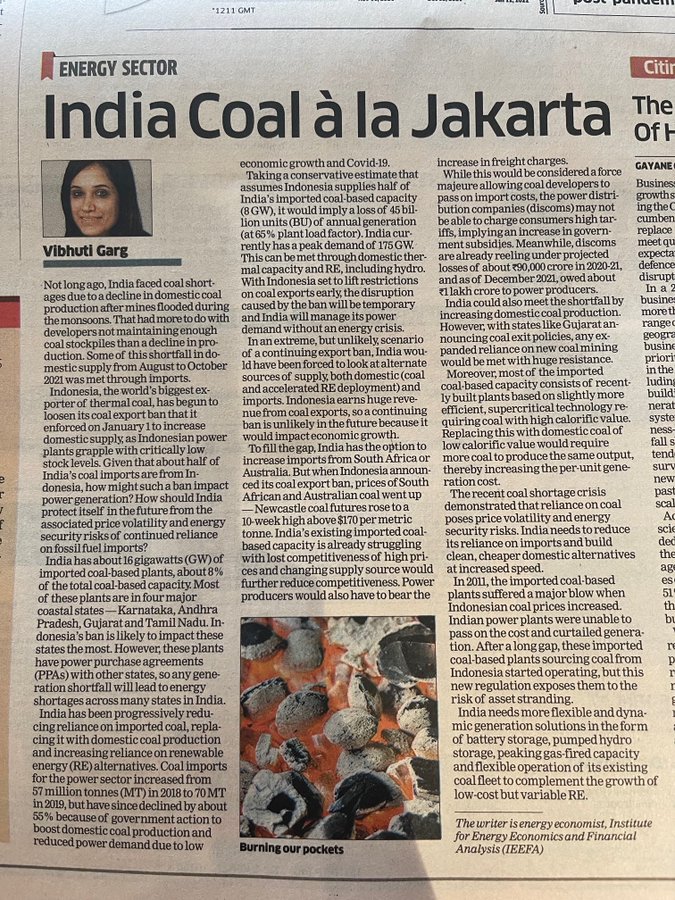 'India needs to reduce its reliance on imports and build clean, cheaper domestic alternatives at increased speed' @Vibhuti_D_Garg of @IEEFA_India on Indonesia’s coal export ban and how it may impact #India.

@TimBuckleyIEEFA @RajKSinghIndia @PiyushGoyal @byadavbjp @PrinSciAdvGoI