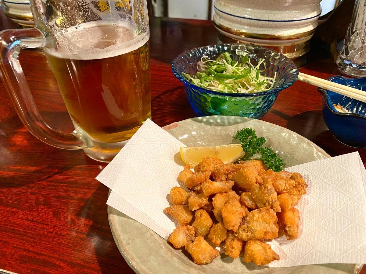 今夜は松本泊でいろりにんにく屋で生ビール飲みながら軟骨唐揚げ食べてから貝麺を美味しく頂きましたぁ〜！！🍜