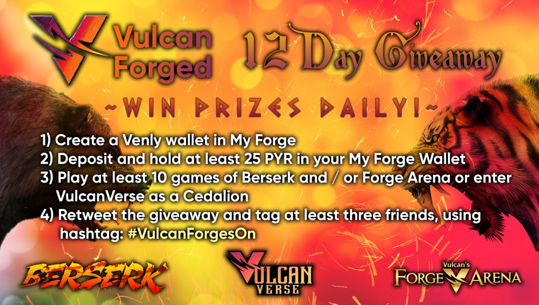 As promised, the belated 12 days of Christmas giveaway stars Monday 17th. 😱

Prizes worth $100k+ including:

500 XP, 1000 XP, 1500 XP, Vulcanites level 2-5, Epic and Legendary Berserk Cards, Gods, Plots of Troy land and <a href="/VulcanVerse/">VulcanVerse</a> land💎

Join discord.gg/vulcanverse.

$PYR