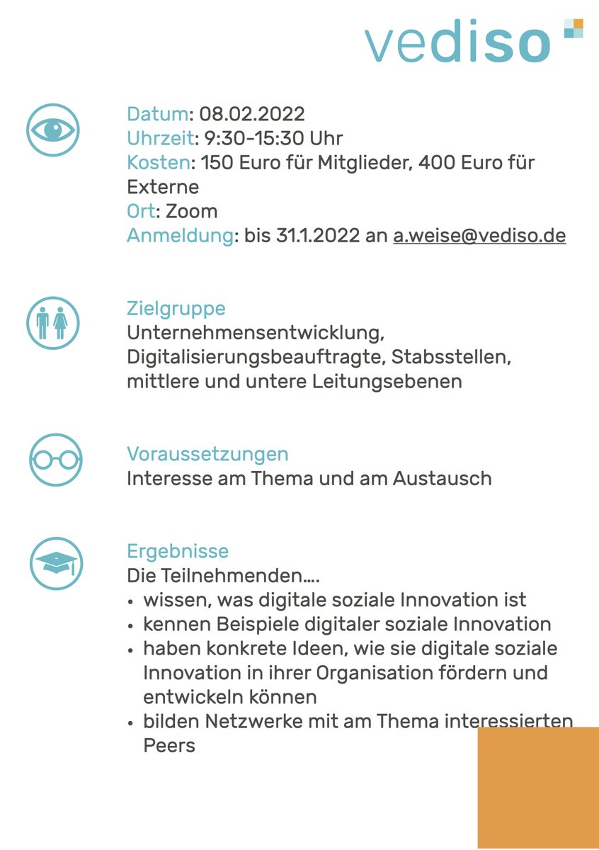 Digitale #sozialeInnovation ist in aller Munde. Am 08.02.2022 zeigen wir euch, was dahinter steckt. Zusammen erarbeiten wir Ideen u. Methoden, wie ihr sie in euren Unternehmen fördern könnt. Der Workshop ist für ALLE Interessierten offen! Alle Infos unter: vediso.de/termine