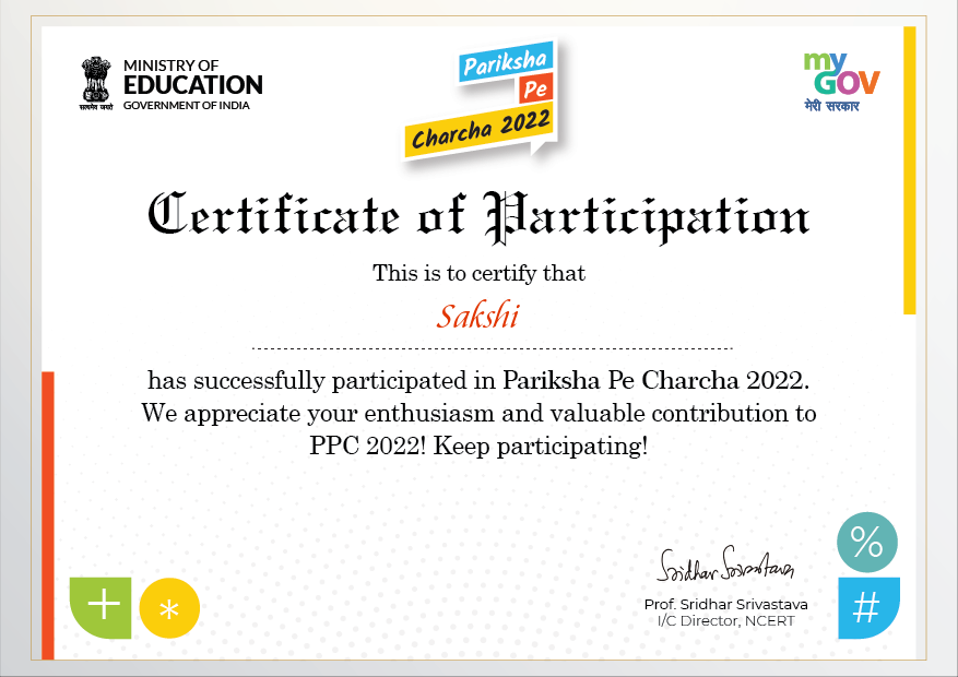 Paticipated in Pariksha Pe Charcha 2020 and got certified