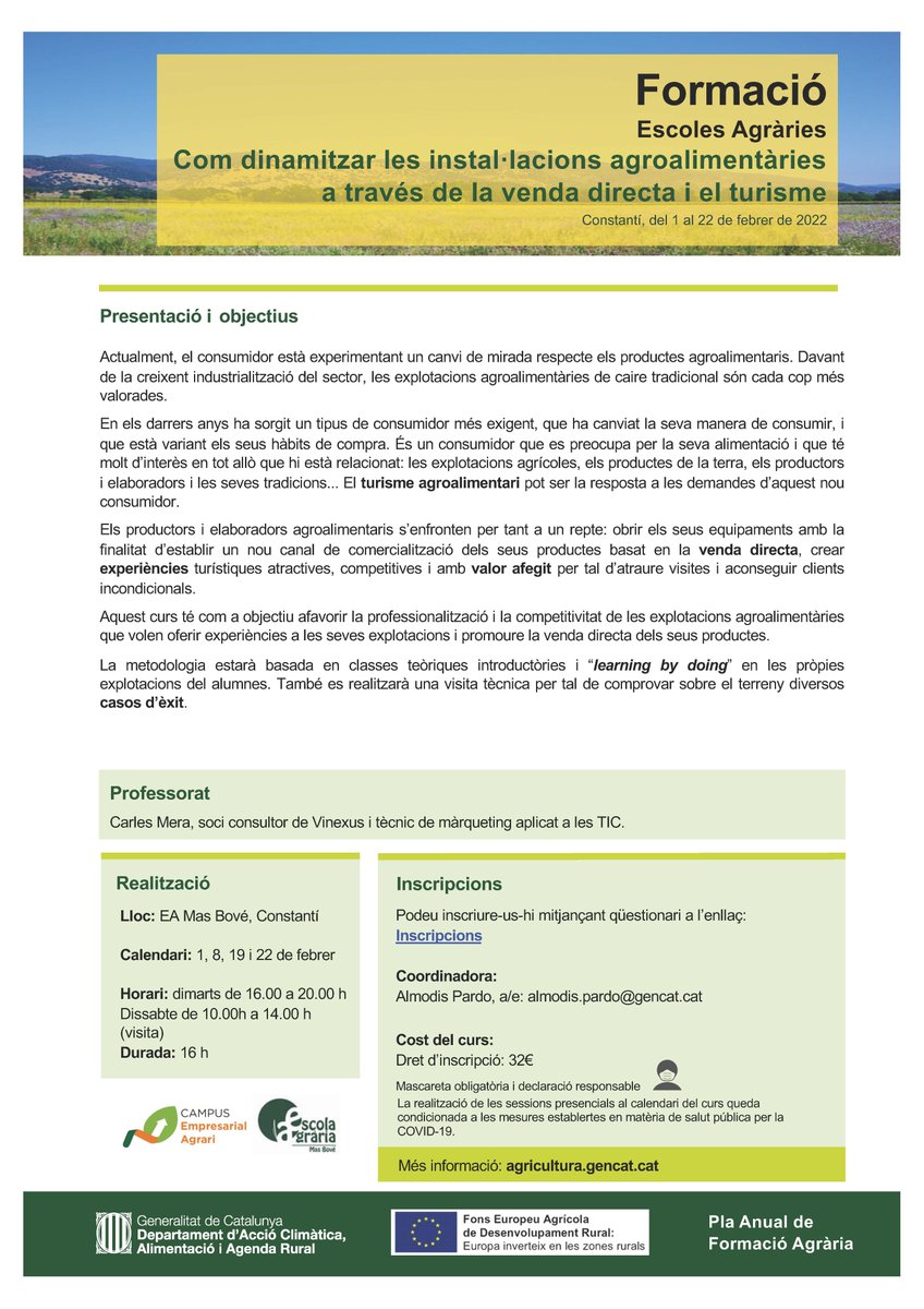 No et perdis la formació: Com dinamitzar les instal·lacions agroalimentàries a traves de  la venda directa i el #turisme una oportunitat per a obrir un nou canal de #comercialització #comunicació directa amb el consumidor <a href="/EAMasBove/">Escola Agrària Mas Bové</a>  #sompagesos #vicatala #oleturisme #enoturisme