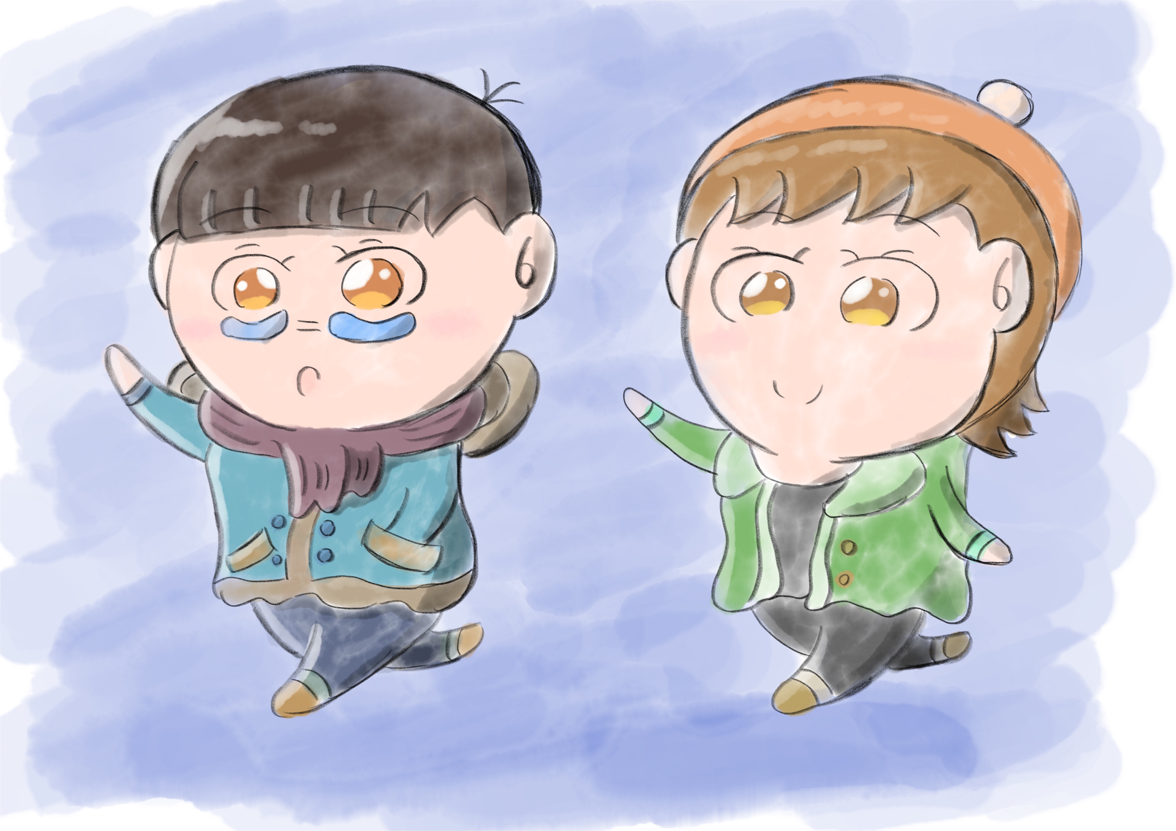 Aki かわいい子供 動物イラスト描きます 冬コーデで歩く男の子たち 久しぶりに冬コーデのイラストが描きたくなり かっこいい 冬コーデイラストを描きました 少し大人な雰囲気にしたくて水彩画調にしました イラスト かわいいイラスト Illust 男の子