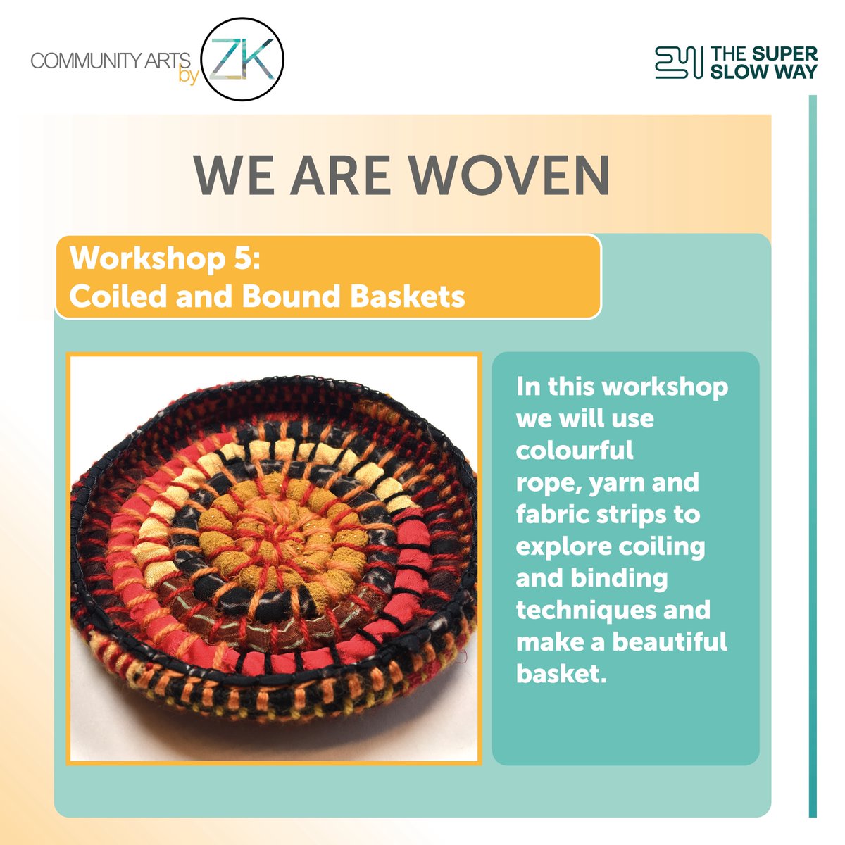In today's workshop, artist Jenny Waterson will be teaching the group how to make colourful woven baskets! 

We can't wait!

@jw4art @Superslowway @InSitu_1 @PendleHillLP @NorthlightE @BPRCVS #weaving #baskets #textiles #communityarts #workshop #art https://t.co/3IMqmyC27a