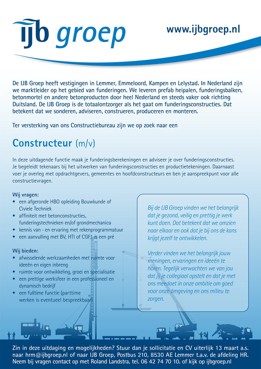 Voor ons Constructiebureau zoeken we een Constructeur. Heb jij HBO Bouwkunde of Civiele Techniek en affiniteit met betonconstructies? Kijk dan snel op: ijbgroep.nl/ijb-groep/werk…