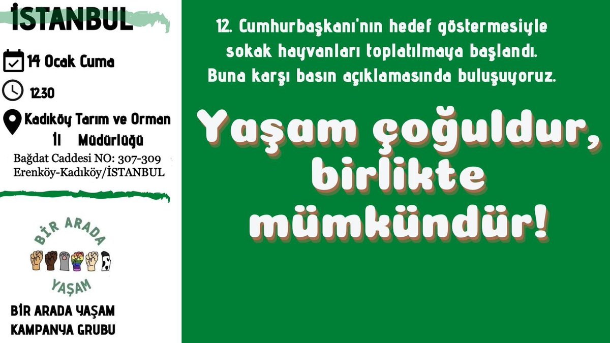 #İSTANBUL📍14 Ocak Cuma 12.30da Tarım ve Orman İl Müdürlüğü önünde #BirAradaYaşam Kampanya Grubu olarak sokak hayvanlarına yönelik linç kampanyasına karşı basın açıklaması gerçekleştireceğiz. Herkesi bekliyoruz
<a href="/aslialpar/">aslıalpar</a> <a href="/bur_hak/">BurHak - Hayvan Hakları Merkezi</a> <a href="/vegvorous/">VEGvorous 🌱</a> @apeironur <a href="/hakim_komite/">HAKİM - Hayvan Hakları İzleme Komitesi</a> @vegan__earth
