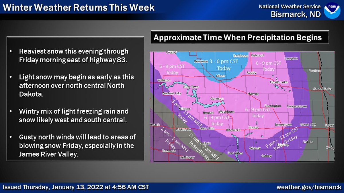NWSBismarck's tweet photo. Winter weather returns to western and central North Dakota this afternoon through Friday. Here's the latest updates.

#NDwx #NDag https://t.co/jGjmdjrgQT
