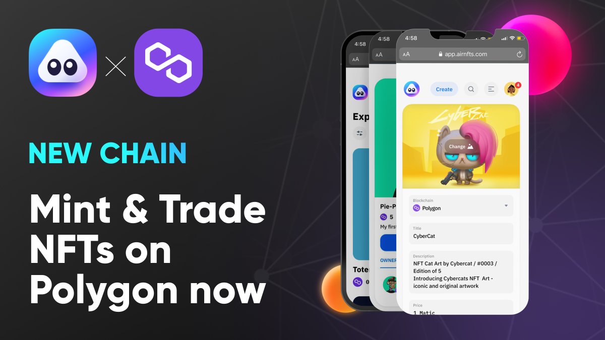 airnfts's tweet photo. First step towards going #MultiChain 🚀🥳

Now you can mint and trade #NFTs on #Polygon and #BSC on https://t.co/Vw56Mhz0t4

👉 Drop in the comments which evm chain we should add next

#nftcollectors #nft #nftartists #opensea #bsc #polygon #matic @0xPolygon @BinanceChain https://t.co/w4NWb7wntX