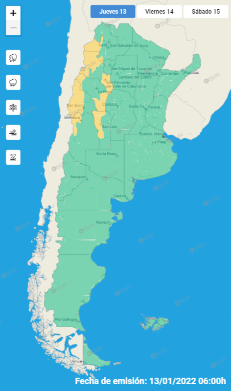 meteoenbsas's tweet photo. 13-01-22 :
las zonas marcadas en el CENTRO es el nivel de alerta por VIENTOS (velocidades entre 30 y 50 km/h con ráfagas de 70 km/h);
las zonas marcadas en la CORDILLERA es el nivel de alerta por TORMENTAS (algunas pueden ser fuertes con acumulados entre 15 y 40 mm). https://t.co/jBUN8vXYyl