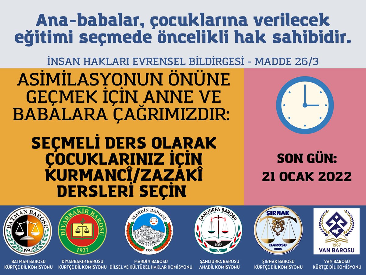 Berî her kesî heqê dê û bavan ê ku perwerdeya zarokên xwe hilbijêrin.
Ji Bo Pêşîlêgirtina Pişaftinê Dersa Kurdî hilbijêrin!