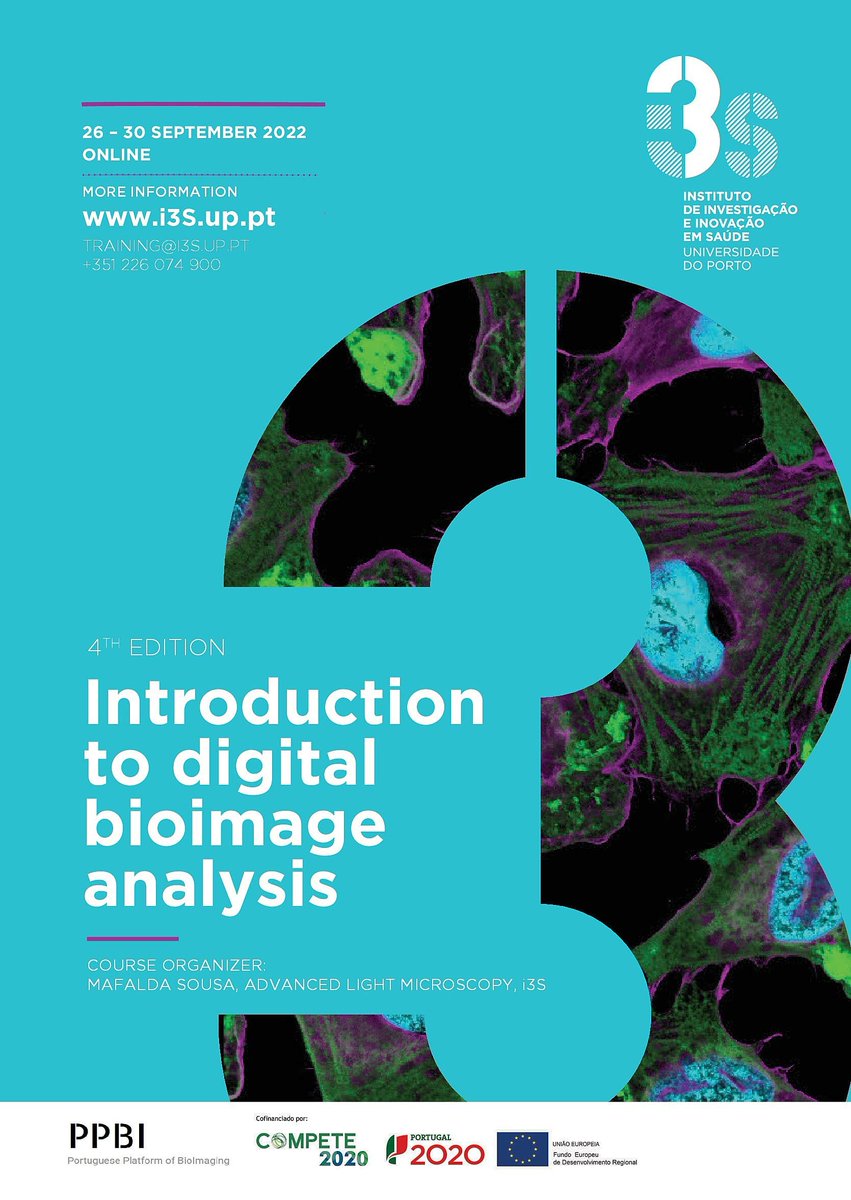i3S_UPorto's tweet photo. General introduction to ImageJ/Fiji &amp; methods to extract quantitative data. Design of typical workflows to automate image analysis will also be addressed. Early bird registration deadline: 20Jun
More info: https://t.co/9E1CbuWpw1
#i3Straining #i3Scourses #bioimaging #onlineevents https://t.co/hi1GVfujDg