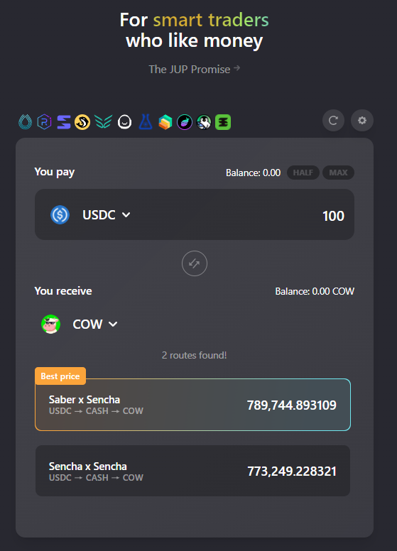 JupiterExchange's tweet image. Super excited to announce that we have integrated with @SenchaDEX! 🍵

Jupiter will be combining all of Sencha pools with the liquidity from the rest of the space, bringing better liquidity to all users and devs.

For example, you can now buy $COW with USDC with a single txn!🐮