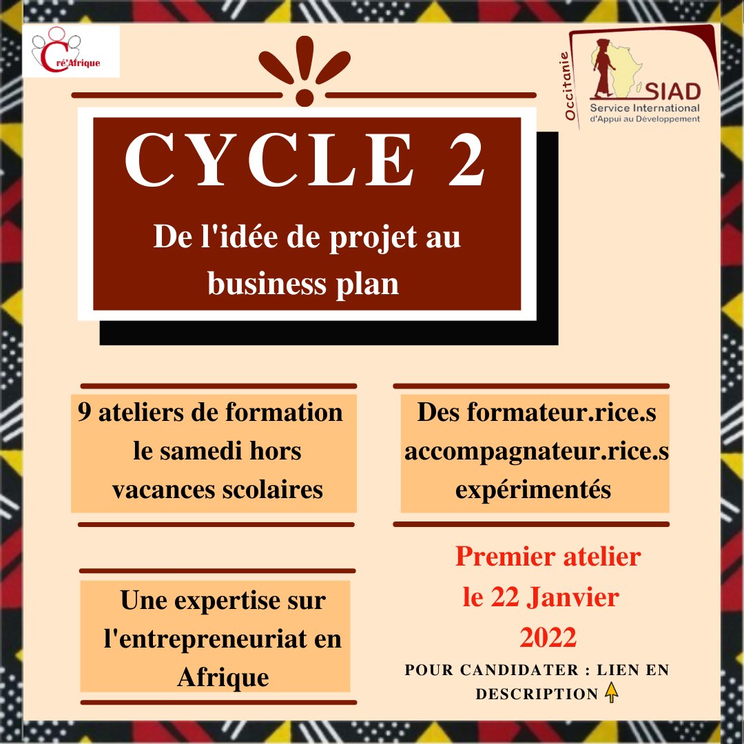 J-9 de notre premier atelier du Cycle 2 qui se déroulera le 22 Janvier 2022. Il n'est pas trop tard pour vous lancer dans l'aventure de l'entrepreneuriat. 
Pour s'inscrire : docs.google.com/forms/d/e/1FAI…
Nos contact : 0648920636
contact@siad-occitanie.fr