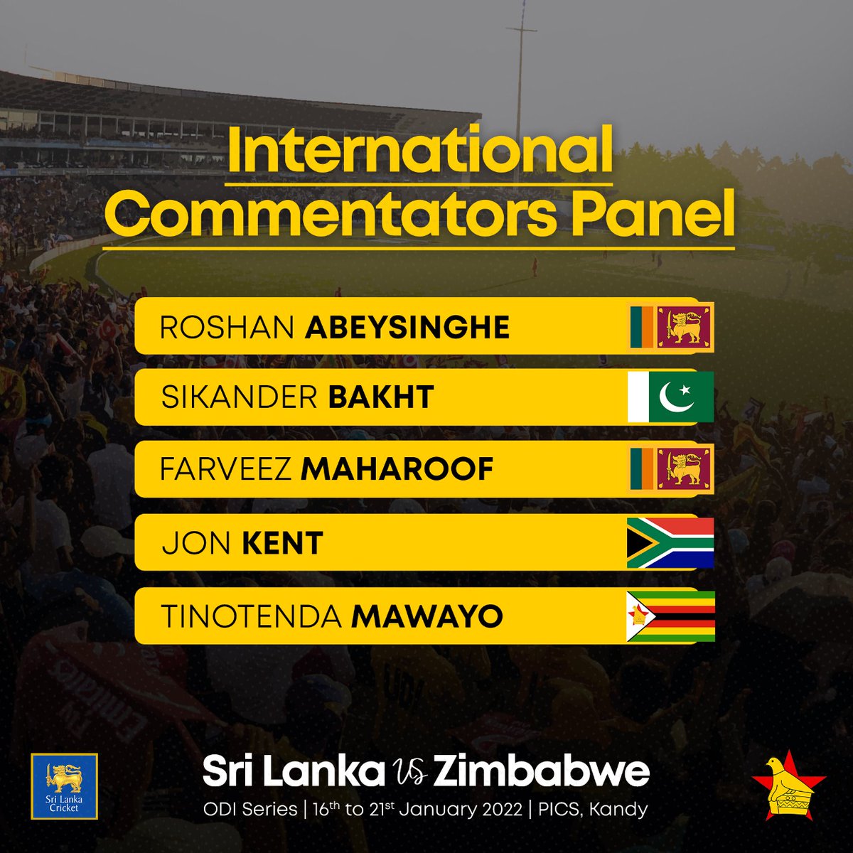OfficialSLC's tweet photo. ๐ฃ๏ธ International Commentary panel for the Zimbabwe tour of Sri Lanka 2022 โฌ๏ธ
#SLvZIM https://t.co/QphFTzt4PW