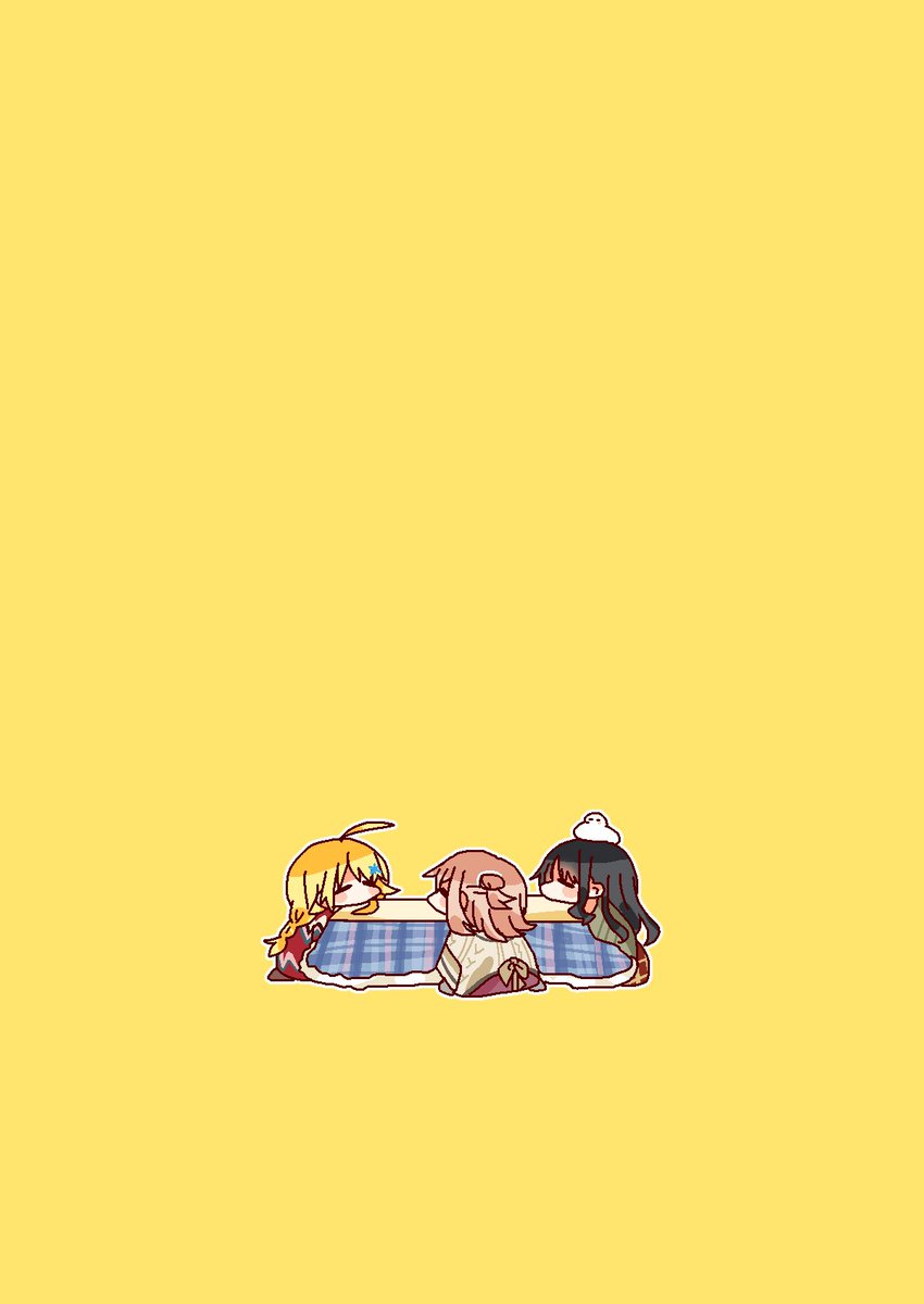 hachimiya meguru ,kazano hiori multiple girls 3girls yellow background blonde hair kotatsu black hair chibi  illustration images