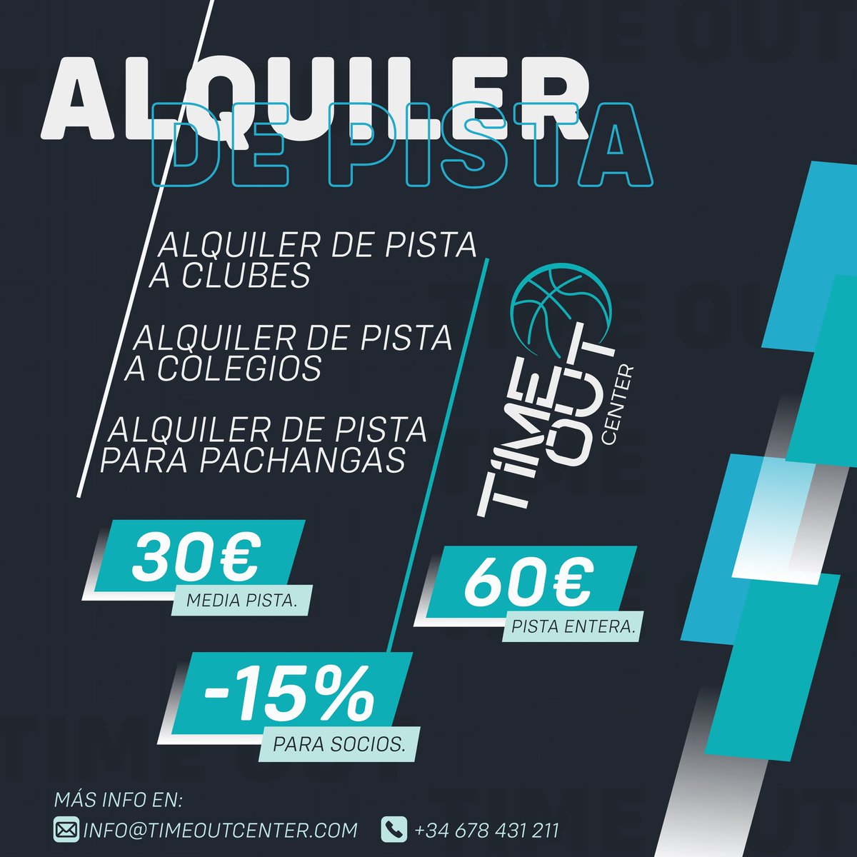 VEN A PASAR LOS MEJORES RATOS EN TIME OUT CENTER 💥

Lo mejor de todo es que;
✅ - 15% 𝐏𝐀𝐑𝐀 𝐒𝐎𝐂𝐈𝐎𝐒.

Te dejamos la información sobre alquileres 👇🏀

- Pista Entera: 60Є por hora.
- Media Pista: 30Є por hora..
📧 info@timeoutcenter.com
👉🏼 En Time Out Center
📞 678431211