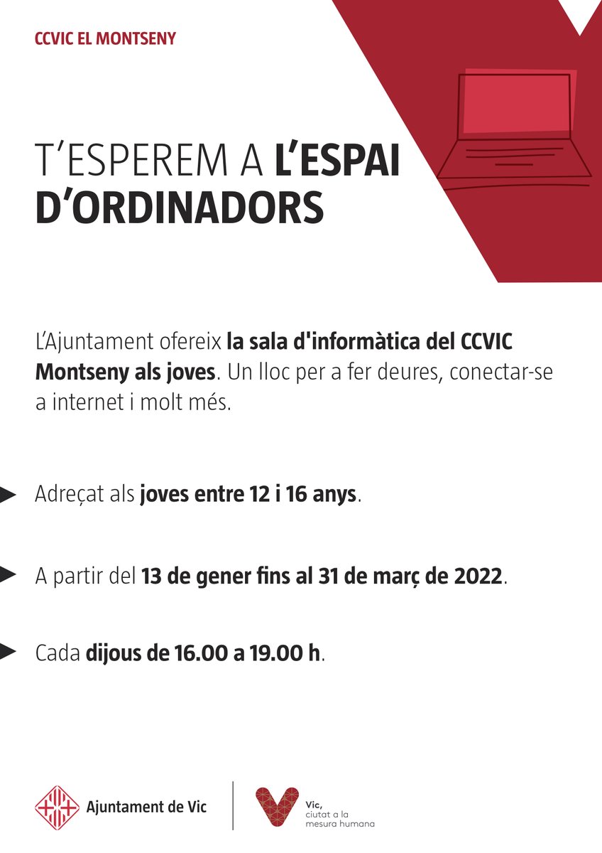🖥️Fins el 31/03, els joves entre 12 i 16 anys que ho vulguin poden fer ús de la sala d'informàtica del <a href="/ccvicelmontseny/">CCVIC El Montseny</a> cada dijous de 4 a 7 de la tarda.

🙌🏼Una dinamitzadora comunitària donarà suport als joves durant la seva estada a l’espai.

👉🏾 + info: bit.ly/3tmJnno