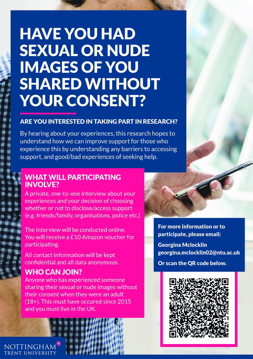 Looking for adults in the UK who've had nude/sexual images shared without their consent to take part in an interview/research to help improve support. #notyourporn #myimagemychoice #metoo @ChrissyChambers @VOIC_tweets #imagebasedsexualabuse #revengeporn