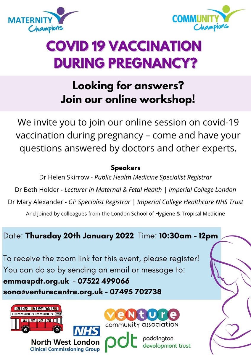 Do you have questions about COVID-19 vaccination during pregnancy? Make sure you join this online session on Thursday 20 January, 10:30am GMT! Register by emailing emma@pdt.org.uk to sign up for this @maternitychamps event
