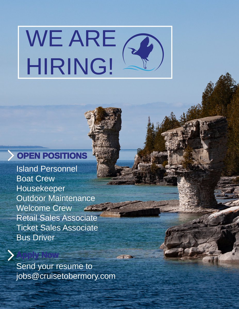 BlueHeronComp's tweet photo. The Blue Heron Company is hiring for the 2022 season! 

If you’re interested in working in a positive, fast- paced environment, apply today to join our team!

Email your resume to jobs@cruisetobermory.com

#blueheronco #blueheroncruises #cruisetobermory #tobermory #hiring #job https://t.co/L5pXrwC9JE