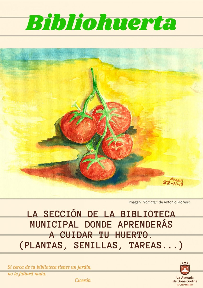 AlmuniaAyto's tweet photo. La concejalía de Cultura y Participación Ciudadana y la Biblioteca Municipal invitan este viernes 14 de enero de 2022 a las 18:00 h a la presentación de la Bibliohuerta, la sección especial dedicada al huerto, las tareas y simientes.

https://t.co/aohVWznOZn https://t.co/olqE4dKdZT