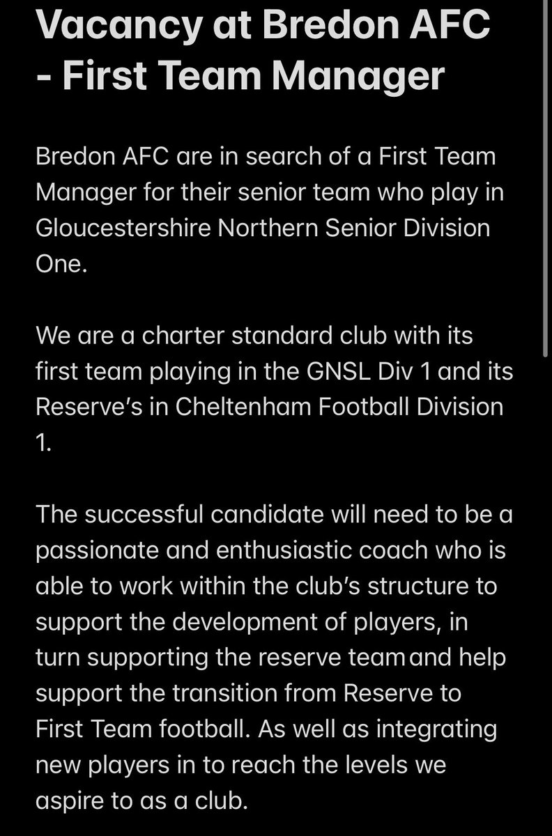 BredonAFC's tweet image. ‼️Vacancy‼️

Big changes for @BredonAFC 

We have appointed a new reserve team manager and now we are looking for a first team gaffer to come on board. Great opportunity for someone! (See attached) ⚽️
