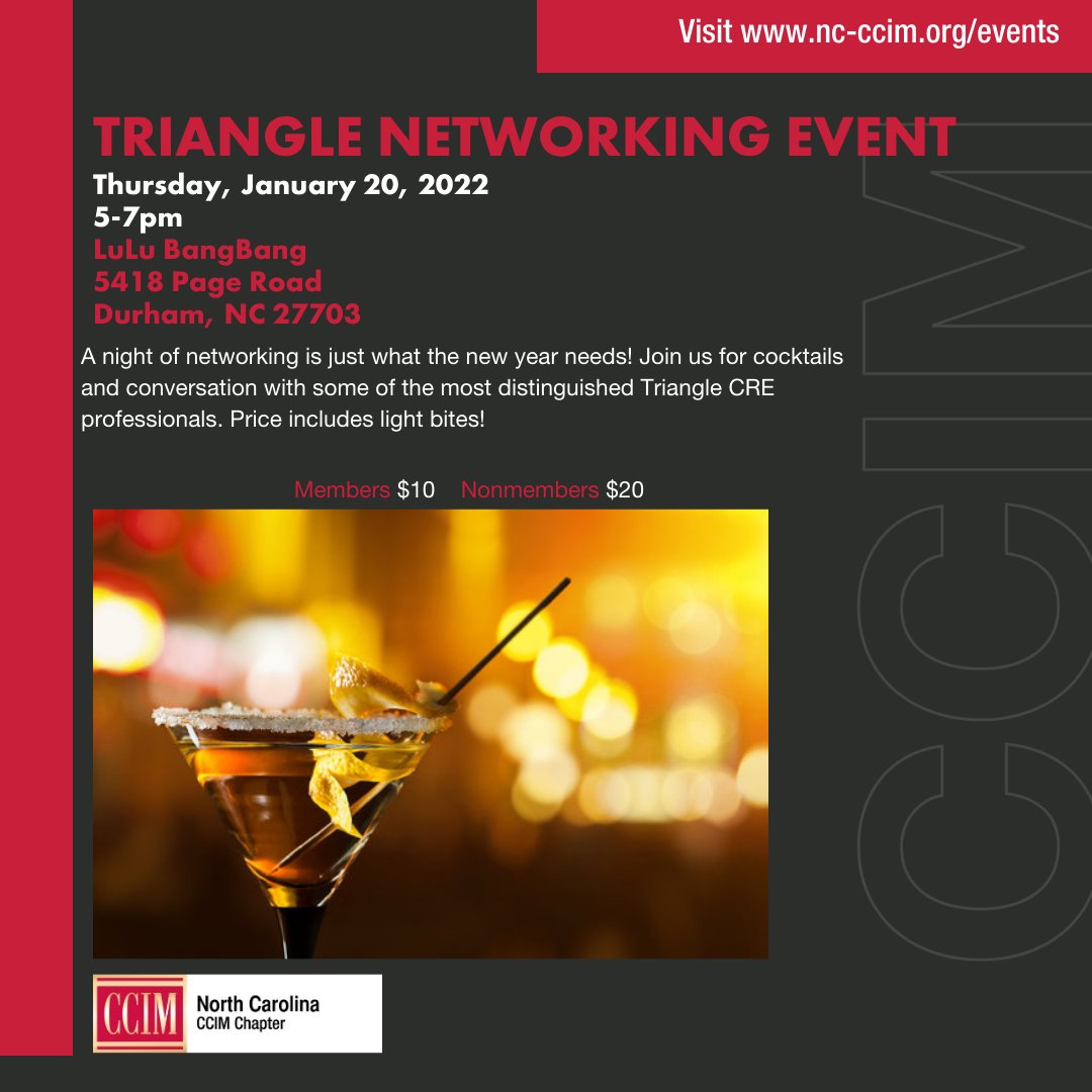 nc_ccim's tweet photo. Cocktails and conversation with some of the most distinguished Triangle #CRE professionals on January 20th at the Triangle Networking Event. Click the link to register https://t.co/lEvUjgxvII #NCCCIM #CCIM #Networking #IndustryLeaders #TriangleCRE https://t.co/gLdlIrWKXa