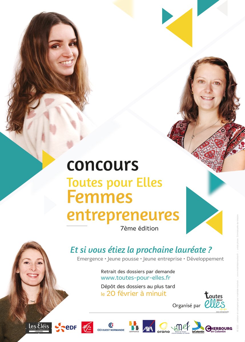🟣 #entreprenariataufeminin 👩‍🦰
Concours Toutes pour Elles 2022 👉 Vous avez jusqu'au 20 février  minuit pour vous inscrire.
☝ Pour sa 7ème édition, le concours s'ouvre sur tout le territoire de la Manche.
Dossier sur demande à toutes-pour-elles.fr