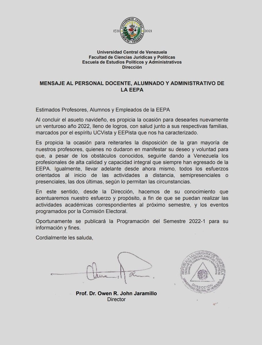 Con la confianza de que será un fructífero año 2022, iniciamos las actividades académicas y  administrativas en la EEPA con esta salutación por parte del Director Dr. Owen John Jaramillo.

#eepaucv #EEPA #politologos #ucv #tricentenaria #2022