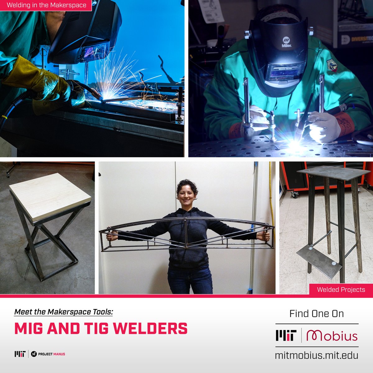 projectmanus's tweet photo. MEET THE MAKERSPACE TOOLS: Welding joins parts made of similar metals by fusing them together with heat. MIG and TIG welding both use an electric arc to create a weld between two pieces of metal. #mitmaking #welding #makerspace #mobius #aroundMIT #making #tools https://t.co/WDBBnNv0G6