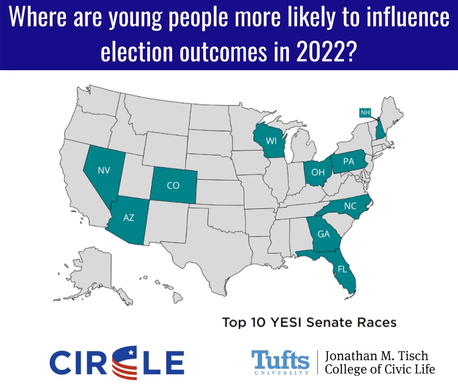CivicYouth's tweet photo. 2022 SENATE RACES: This map illustrates the states where young people, and often young people of color, are most likely to influence election results in Senate races https://t.co/UaHygFFBcQ