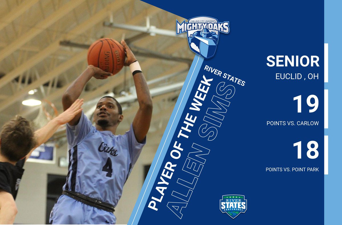 Congrats to Allen Sims, selected as the <a href="/RiverStatesConf/">River States Conference</a> MBB Player of the Week with his performance helping OAK CITY U to a (2-0) weekend in league play.