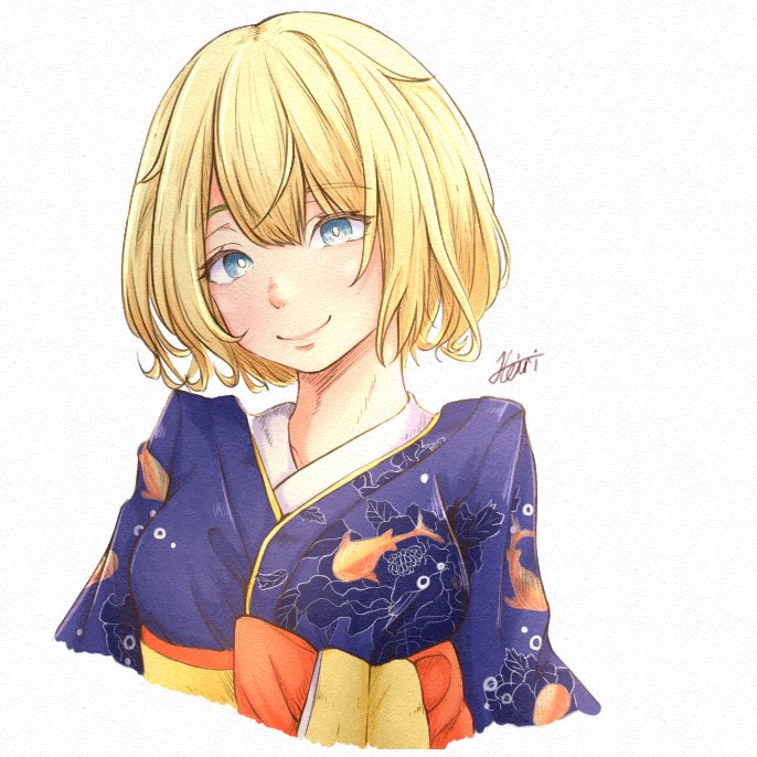watson amelia 1girl japanese clothes solo blonde hair kimono blue eyes smile  illustration images