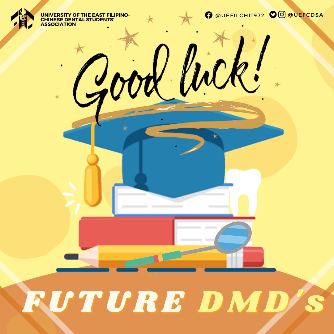 UEFCDSA's tweet photo. LET’S GET THAT "DMD"! 🦷
Wishing our future dentists good luck as they begin their board exam tomorrow! To all the takers, may you be blessed with knowledge and confidence to answer your exam. All the best!
Prayers & good wishes from the UEFCDSA 💛
#Filchi50
#FlyHighWithFilChi https://t.co/j1KaK4X819