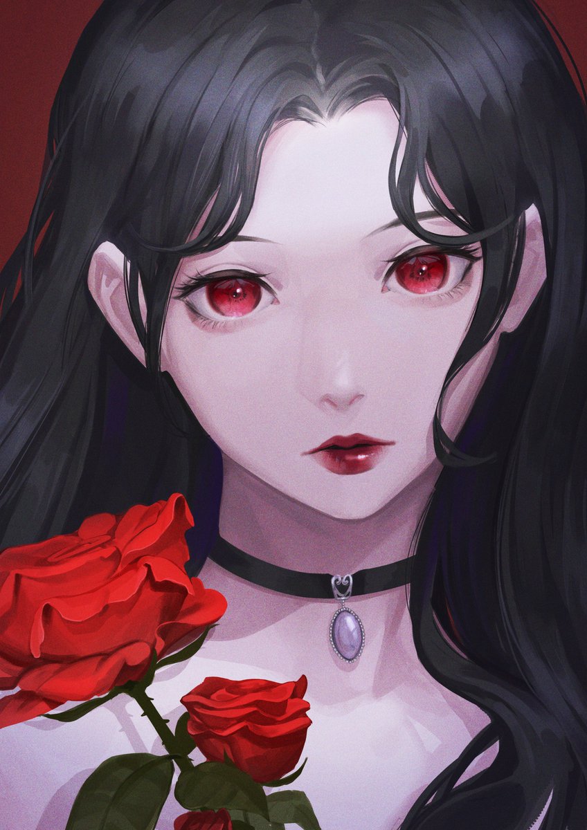 1girl flower red eyes solo rose black hair choker  illustration images