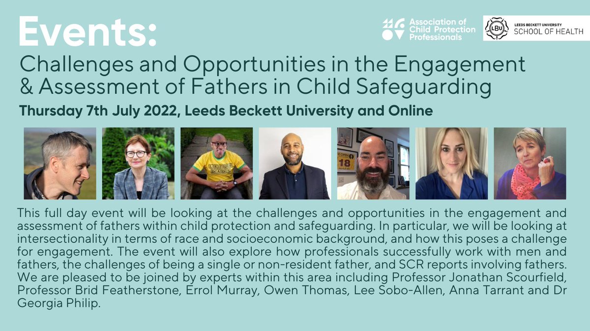 AoCPPtweet's tweet image. We have a great line-up of keynotes and workshop leaders for our event looking at the 'challenges and opportunities in the engagement and assessment of fathers in child safeguarding'. 

For more information or to book your place, visit: bit.ly/3EWzWhp

#childprotection