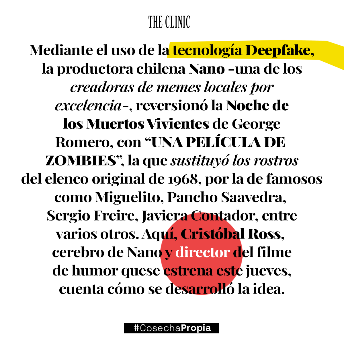 #Reportaje 📰 | En conversación con The Clinic, Cristóbal Ross, cerebro de <a href="/Nano_Videos/">Nano Video</a> y director de #UnaPelículaDeZombies, cuenta cómo fue hacer, según él, la primera del mundo en ser realizada íntegramente con tecnología "deepfake": bit.ly/3qfldt0