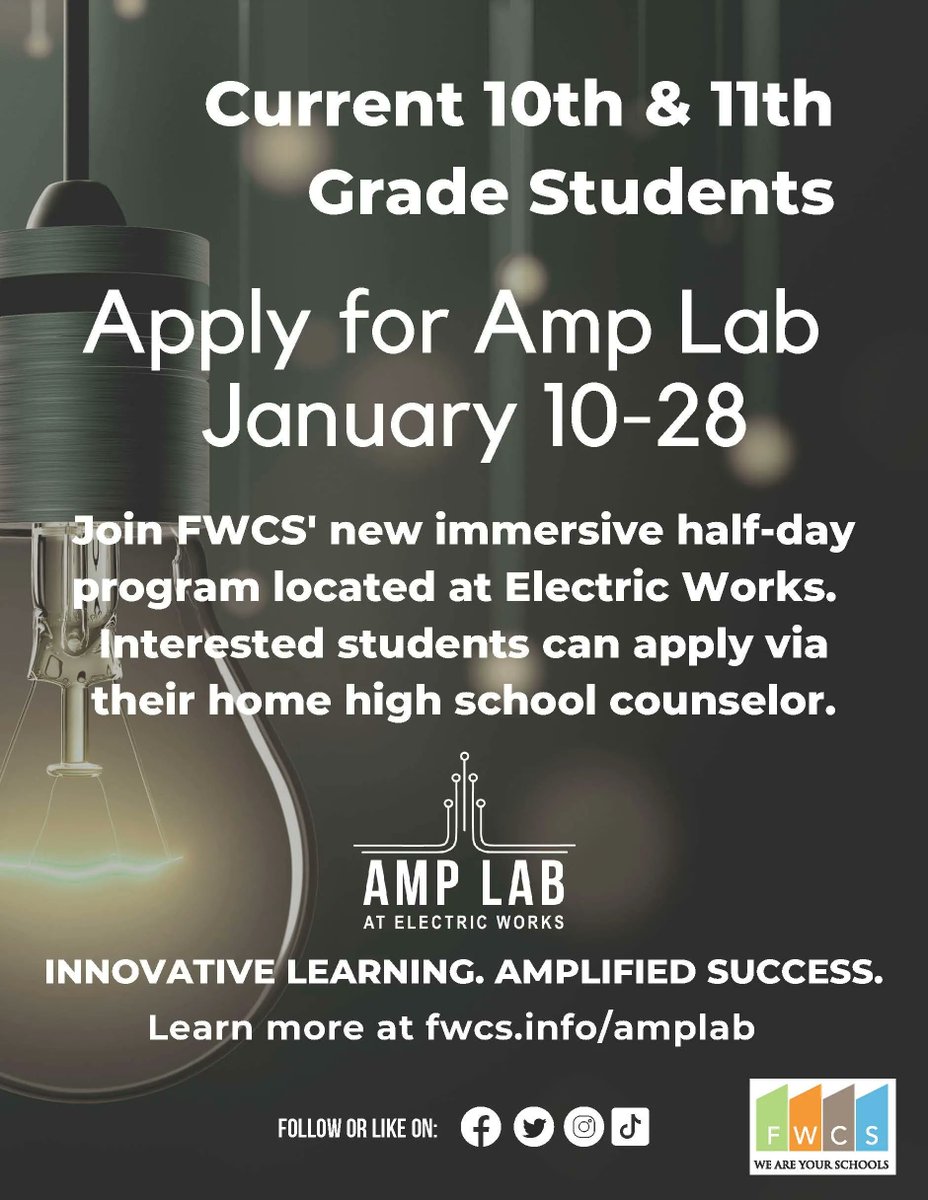 FWCommSchools's tweet image. We are excited for Amp Lab to open in the fall. Eleventh- and 12th-grade students can now apply through their high school counselors. Deadline to apply for the inaugural year is Jan. 28. Learn more at buff.ly/3FbZruw #sparkinginnovation