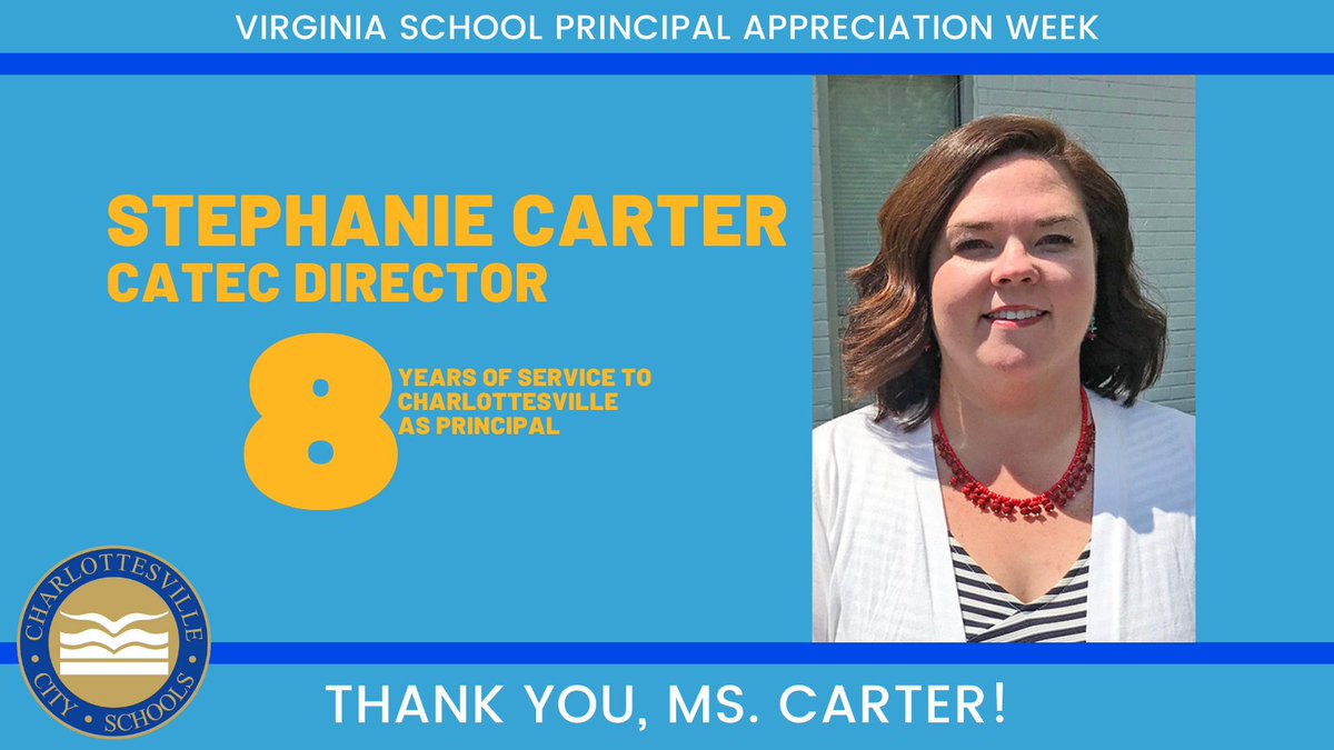 Charlottesville City Schools (@cvilleschools) on Twitter photo For Virginia School Principal Appreciation Week, today we say THANK YOU to @MsSNCarter, director of <a href="/CATEChs/">CATEC</a>. Ms. Carter has also served as school leader of <a href="/LugoMcAcademy/">Lugo-McGinness Academy</a> and <a href="/Buford_Middle/">Buford Middle School</a>. We are grateful for your many years of service to CCS! For Virginia School Principal Appreciation Week, today we say THANK YOU to @MsSNCarter, director of <a href="/CATEChs/">CATEC</a>. Ms. Carter has also served as school leader of <a href="/LugoMcAcademy/">Lugo-McGinness Academy</a> and <a href="/Buford_Middle/">Buford Middle School</a>. We are grateful for your many years of service to CCS!