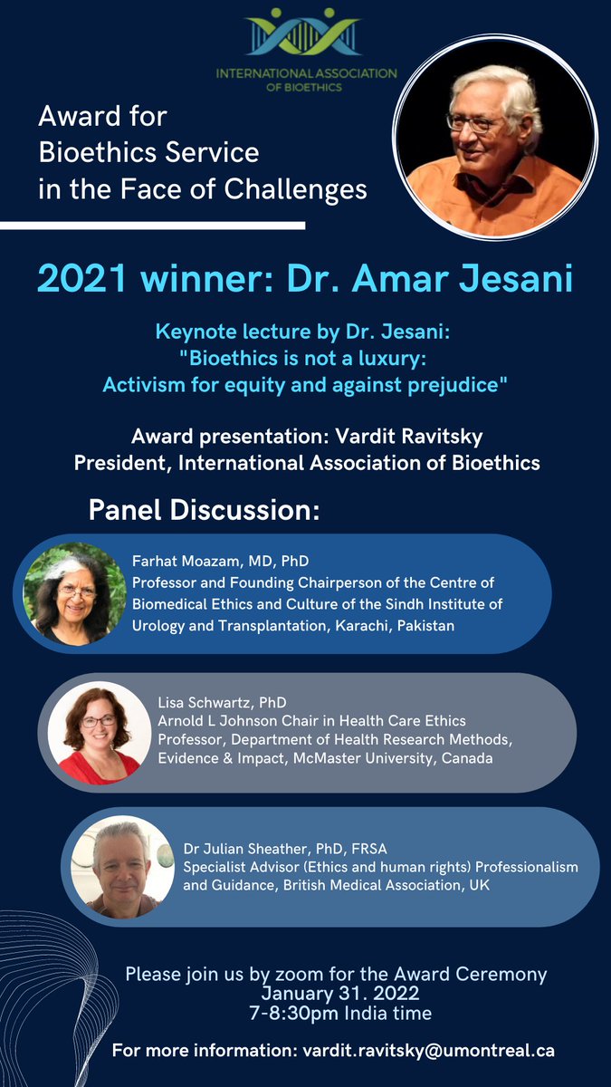 IABioethics's tweet image. And do not forget to join us on Jan 31 7pm India time for a keynote lecture from IAB's 2021 winner of the Award for Bioethics in the Face of Challenges, Dr. Amar Jesani, followed by a panel discussion

Zoom: umontreal.zoom.us/j/85451677841?… (Passcode: 012596)