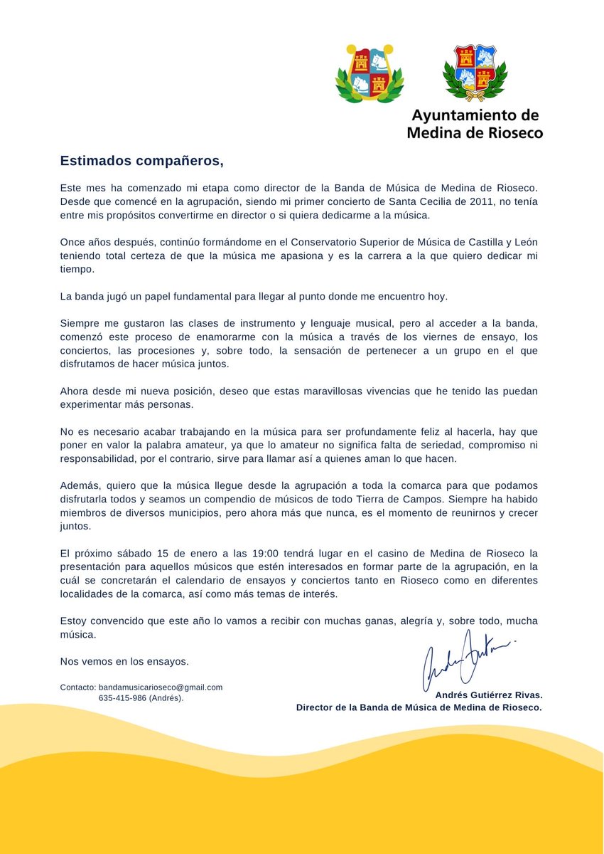 🎶 Reunión informativa de la <a href="/BandaRioseco/">Banda de música de Medina de Rioseco</a> con el nuevo director, Andrés Gutiérrez.